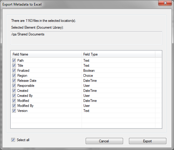 Select fields to export