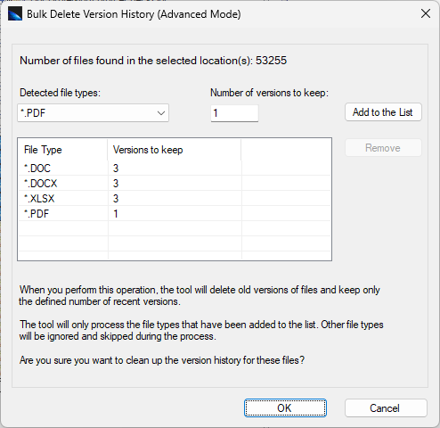 delete versions for selected file types